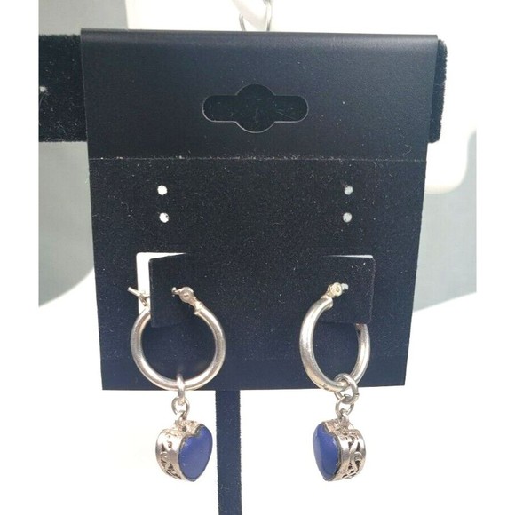 Stirling Silver 925 Lapis Heart Shaped Blue Gemstone Small Hoop Earrings - Picture 13 of 13